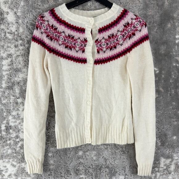 Arizona Jean Co Sz S Fair Isle Rabbit Hair Wool Blend Cardigan Sweater Ivory - Picture 1 of 8